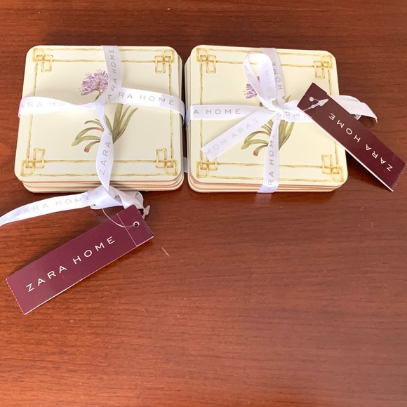 Zara Home set of 8 glossy coasters with flowers pattern cork back - Picture 3 of 5